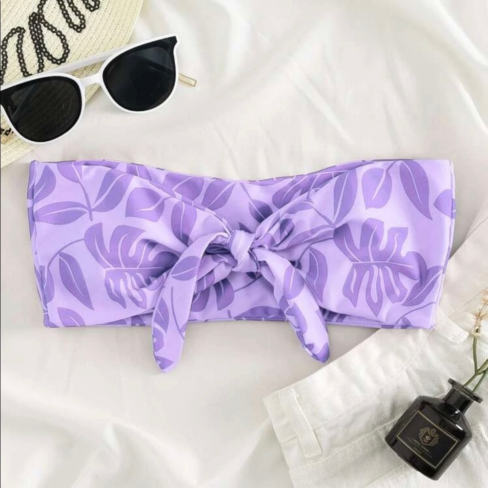 Floral tie knot bikini bandeau swimsuit top